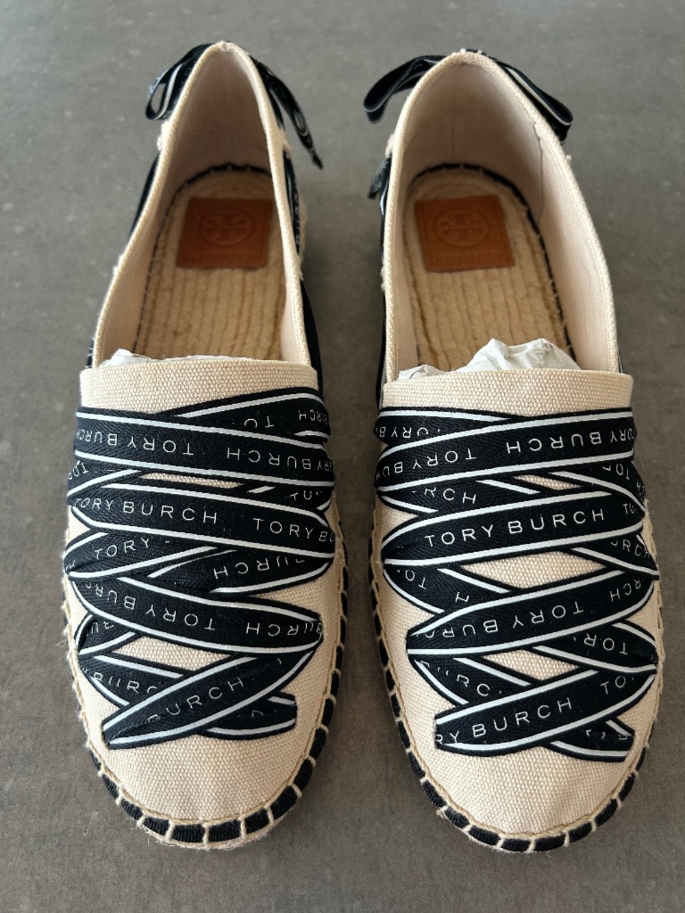 NEW Tory Burch Logo Grosgrain Espadrilles Cream Black SZ 9.5